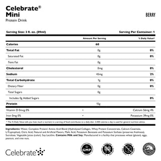 Nährwertkennzeichnung für Celebrate Mini Protein Getränke Geschmack Berry vor weißem Hintergrund